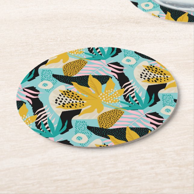 Tropical Rainforest Leaves Pattern Round Paper Coaster (Angled)