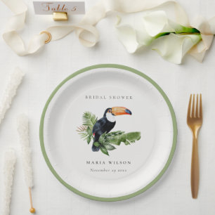 Tropical Rainforest Toucan Coral Bridal Shower Paper Plate
