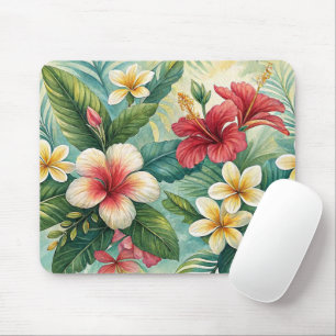 TROPICAL RED AND YELLOW HIBISCUS FLORAL BLOOMS MOUSE PAD