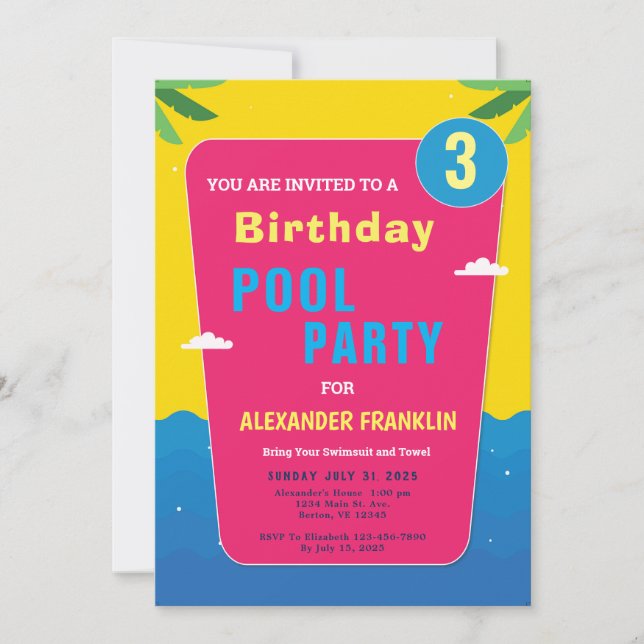 Tropical Red Blue Customize  Pool Party Birthday Invitation (Front)