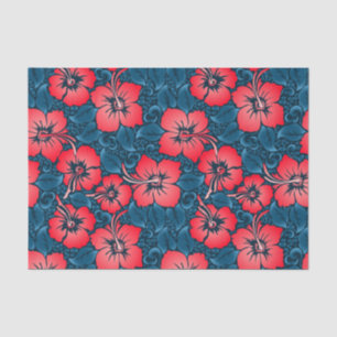 Tropical red flowers on navy tissue paper