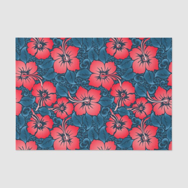 Tropical red flowers on navy tissue paper (Front)
