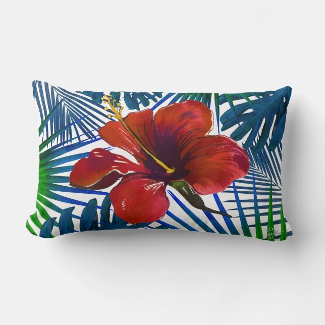 Tropical Red Hibiscus Floral Dark Teal Leaves Lumbar Pillow (Front)