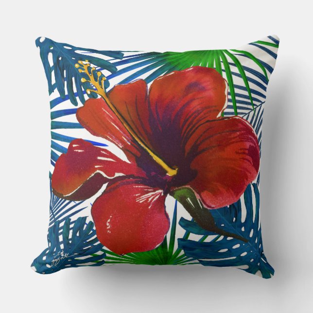 Tropical Red Hibiscus Floral Teal Greenery Beach Throw Pillow (Front)