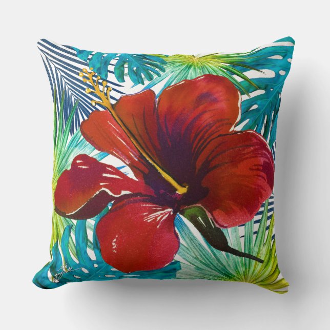 Tropical Red Hibiscus Floral Teal Greenery Beach Throw Pillow (Front)