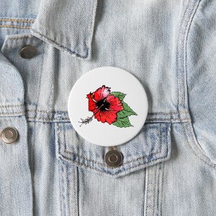 Tropical Red Hibiscus Flower with Green Leaves 3 Inch Round Button