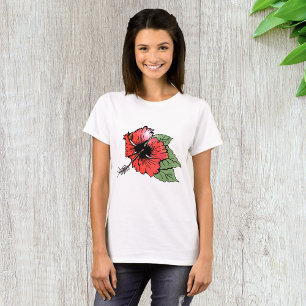 Tropical Red Hibiscus Flower with Green Leaves  T-Shirt