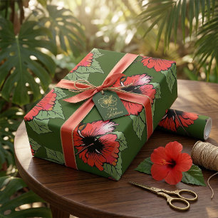 Tropical Red Hibiscus Flower with Green Leaves  Wrapping Paper