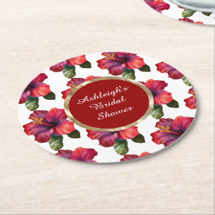 Tropical Red Hibiscus Flowers Bridal Shower Round Paper Coaster