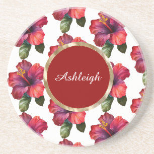 Tropical Red Hibiscus Flowers  Coaster