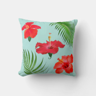 Tropical Red Hibiscus Flowers & Palm Leaves Throw  Pillow