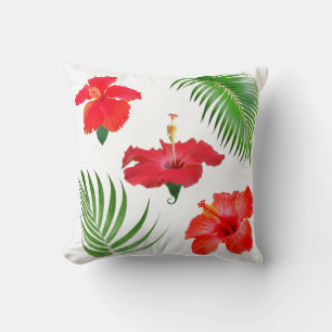 Tropical Red Hibiscus Flowers & Palm Leaves Throw Pillow