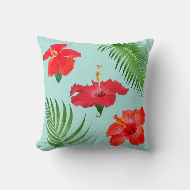Tropical Red Hibiscus Flowers & Palm Leaves Throw  Throw Pillow (Front)