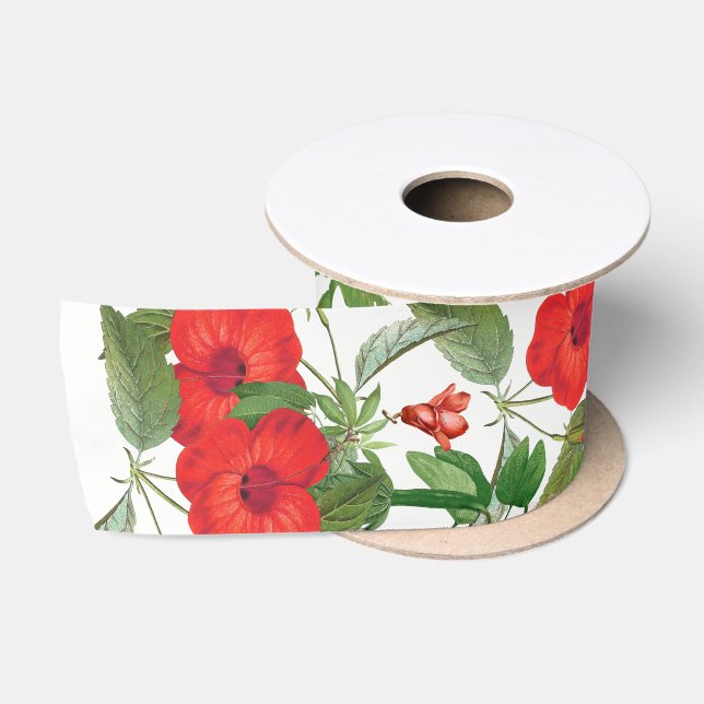 Tropical Red Hibiscus Flowers Ribbon Satin Ribbon (Spool)