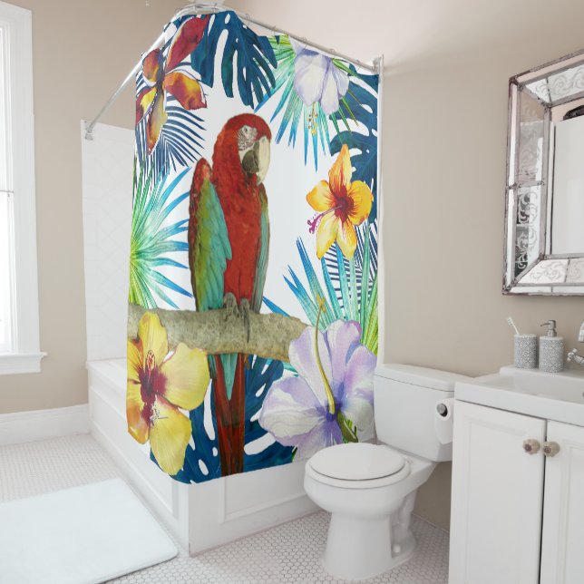 Tropical Red Macaw Parrow Yellow Teal Floral Beach (In Situ)