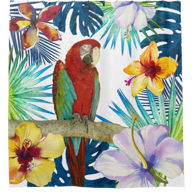 Tropical Red Macaw Parrow Yellow Teal Floral Beach (Front)