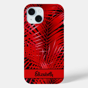 Tropical Red Palm Fronds on Black Personalized iPhone 15 Case