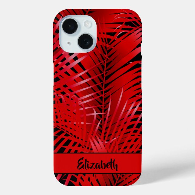 Tropical Red Palm Fronds on Black Personalized Case-Mate iPhone Case (Back)
