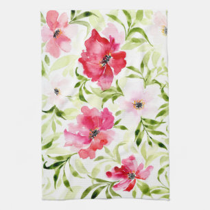 Tropical red pink florals botanical kitchen towel