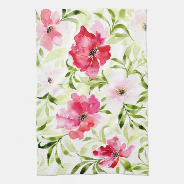 Tropical red pink florals botanical kitchen towel (Vertical)