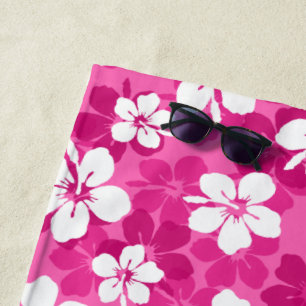 Tropical Red Violet White Hibiscus Flower Pattern Beach Towel