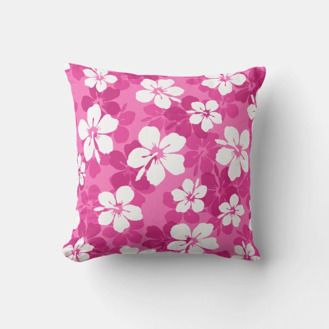 Tropical Red Violet White Hibiscus Flower Pattern Outdoor Pillow (Front)