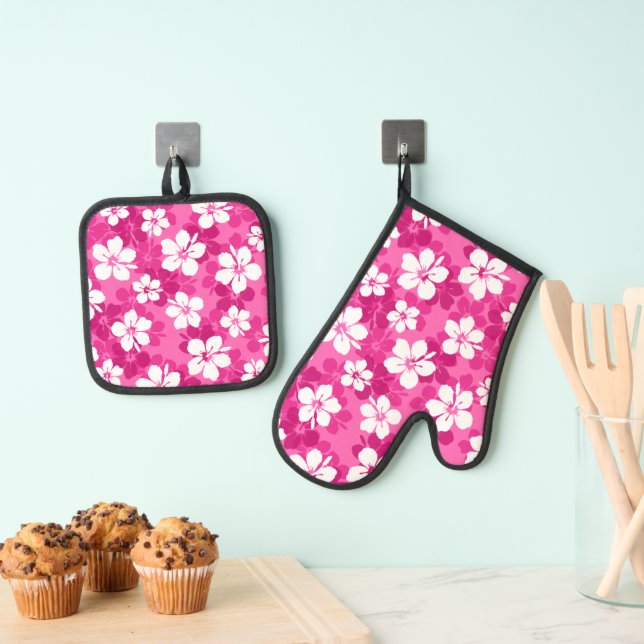 Tropical Red Violet White Hibiscus Flower Pattern Oven Mitt & Pot Holder Set (Insitu(Hanging))