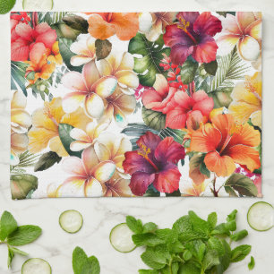 Tropical Red White Yellow Hibiscus Floral Kitchen Towel
