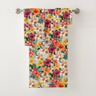 Tropical Red White Yellow Mint Hibiscus Floral Bath Towel Set