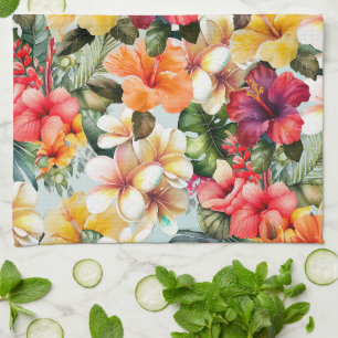 Tropical Red White Yellow Mint Hibiscus Floral Kitchen Towel