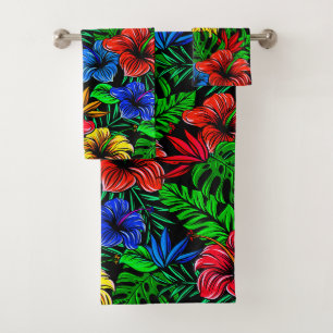 Tropical Red Yellow Blue Hibiscus Flower Bath Towel Set