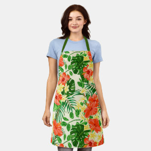 Tropical Red Yellow Flowers Lush Greenery Pattern Apron