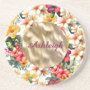 Tropical Red Yellow Hibiscus Flowers Bridal Shower Coaster