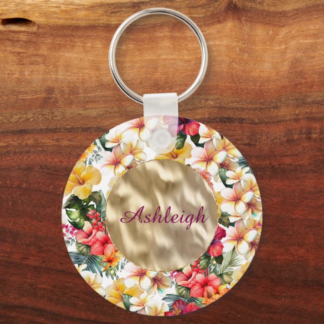 Tropical Red Yellow Hibiscus Flowers Bridal Shower Keychain (Front)