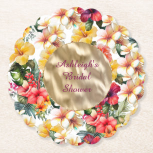 Tropical Red Yellow Hibiscus Flowers Bridal Shower Paper Coaster