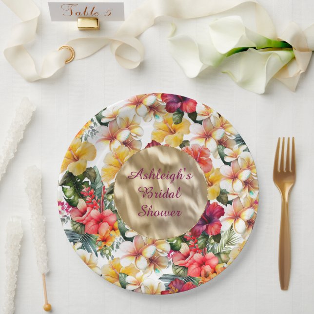 Tropical Red Yellow Hibiscus Flowers Bridal Shower Paper Plate (Wedding)
