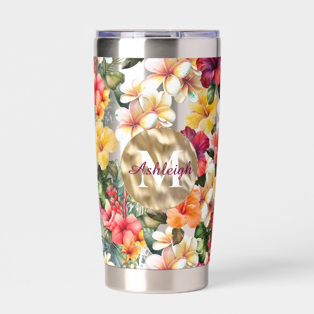 Tropical Red Yellow Hibiscus Flowers Monogram Insulated Tumbler (Front)