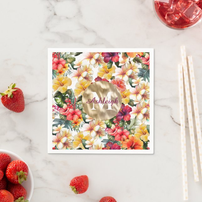 Tropical Red Yellow Hibiscus Flowers Monogram Napkin (Insitu)