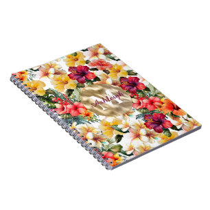 Tropical Red Yellow Hibiscus Flowers Monogram Notebook