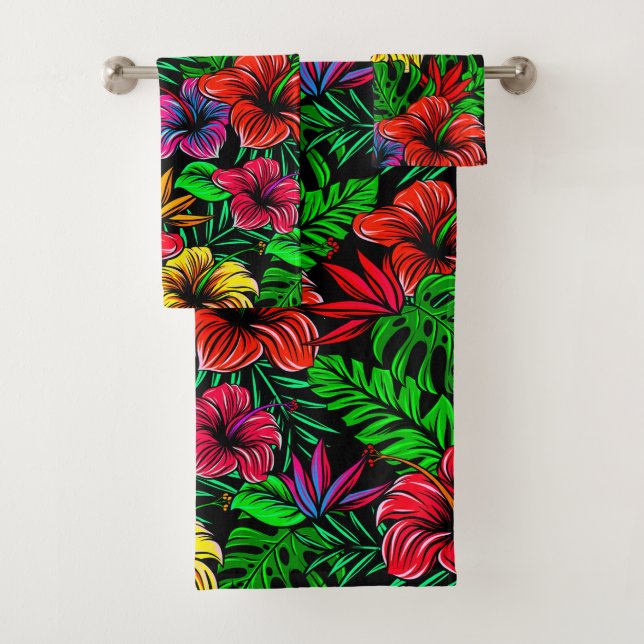 Tropical Red Yellow Pink Hibiscus Flower Bath Towel Set (Insitu)