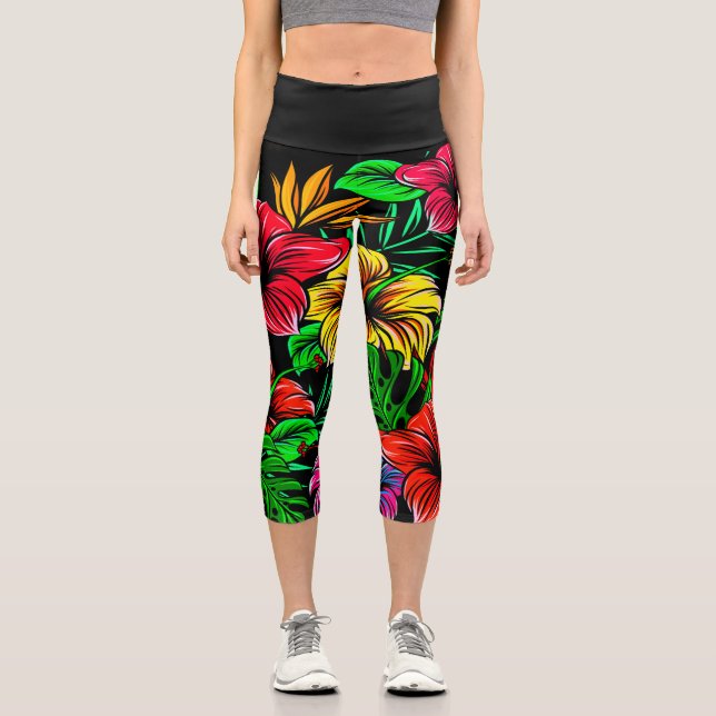 Tropical Red Yellow Pink Hibiscus Flower Capri Leggings (Front)
