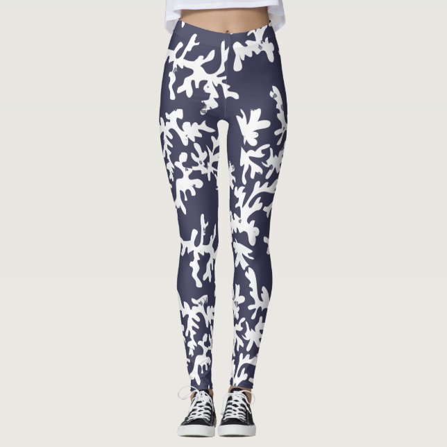 Tropical Reef Blue White Coral Print Leggings (Front)