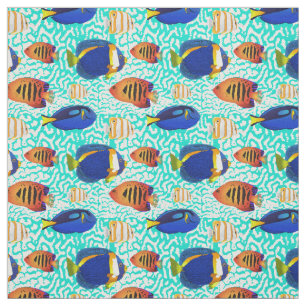 Tropical Reef Fish Pattern in Orange and Blue Fabric