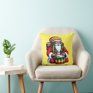 Tropical Reggae Santa - Christmas Drummer Art Throw Pillow