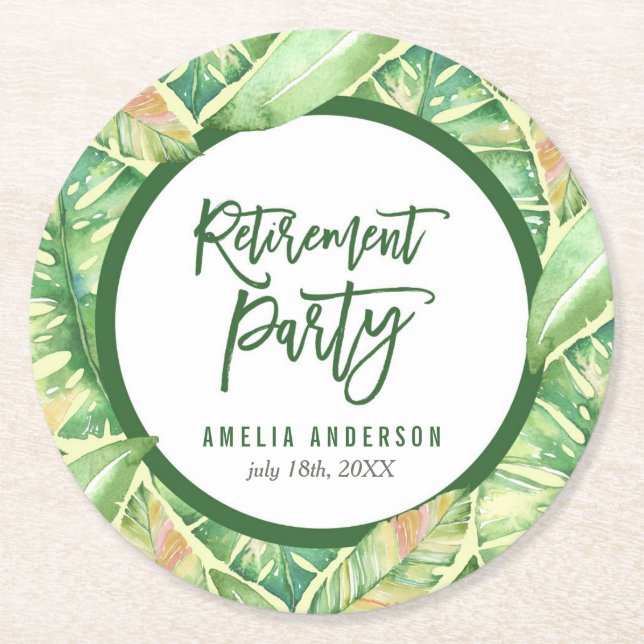 Tropical Retirement Party Green Watercolor Leaves Round Paper Coaster (Front)