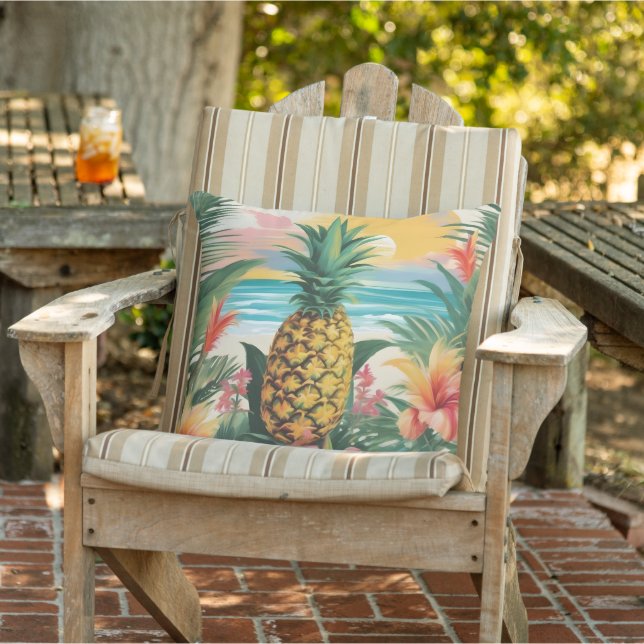 Tropical Retreat Fun tropical flowers Pineapple Outdoor Pillow (Chair)