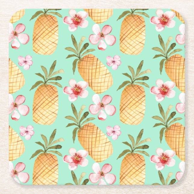 Tropical retro print on mint background square paper coaster (Front)