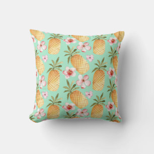 Tropical retro print on mint background throw pillow