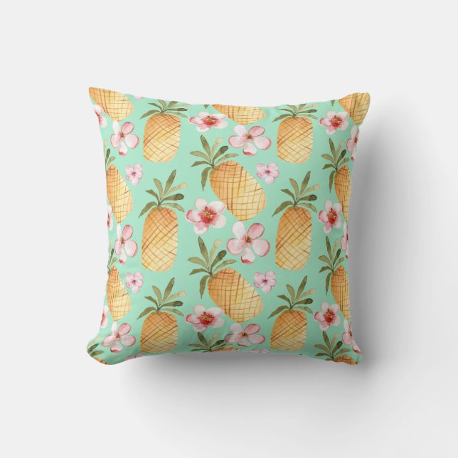 Tropical retro print on mint background throw pillow (Front)
