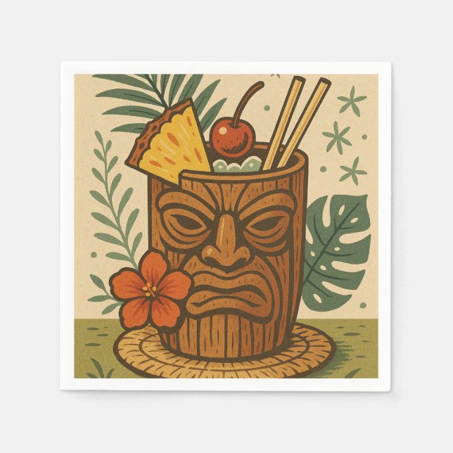 Tropical Retro Tiki Drink Hawaiian Luau Birthday  Napkin (Front)